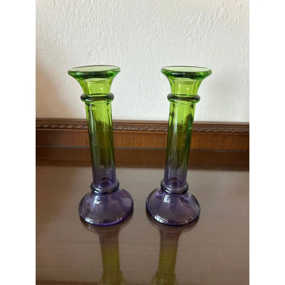 Vintage Two Tone Green and Purple Ombre Glass Taper Candle Holders Pair 8''